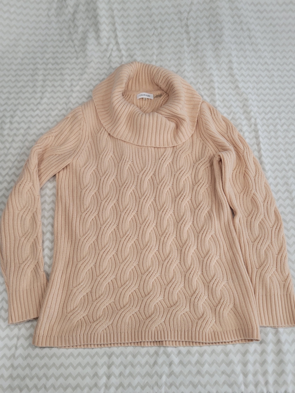 Calvin Klein Women Cowl Neck Cable Knit Sweater blush Pink Cozy Pullover Medium